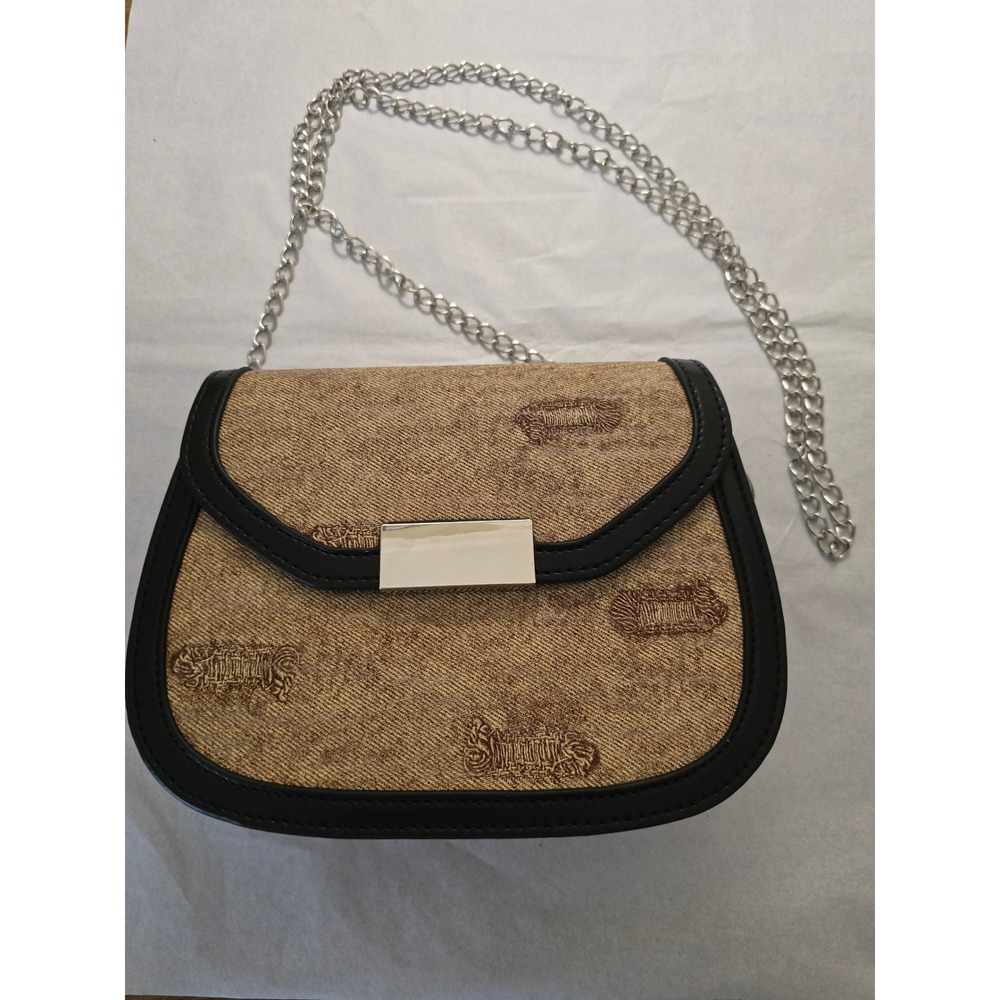 Tan Denim Textured Saddle Crossbody Bag with Chain Strap and Black Trim